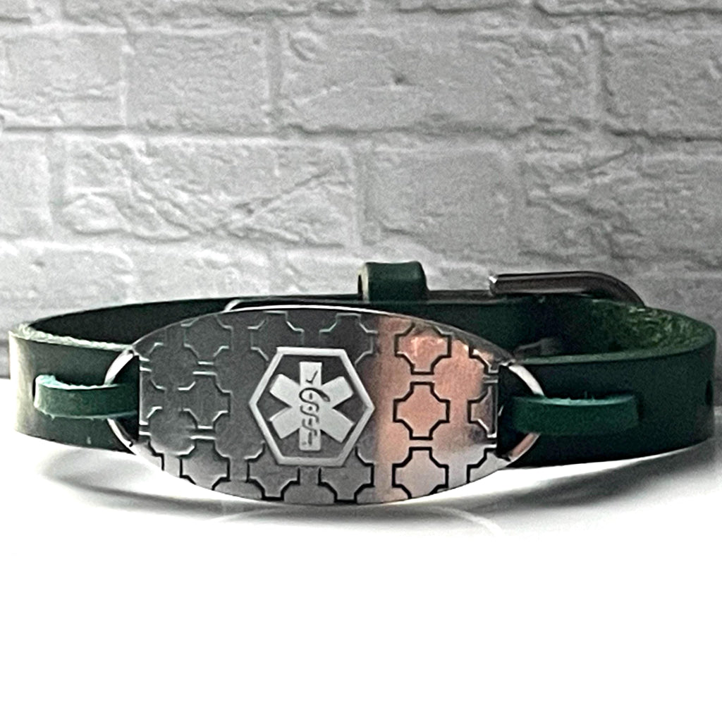 Charlotte Leather Medical Alert ID Bracelet in Green Free Personalised Engraving, Gift Box, Medical Card by buyamedicalalert.com