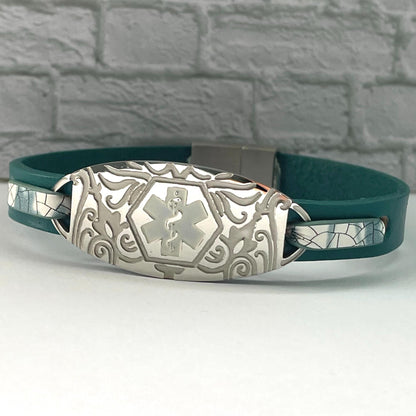 Cicely Teal and Silver Leather Medical Alert ID Bracelet Free Personalised Engraving Custom Made to Fit by Shelley @buyamedicalalert.com