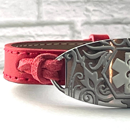 buyamedicalalert.com Cope Red Leather Medical Alert ID Bracelet - Personalised Identification Tags & Jewelry