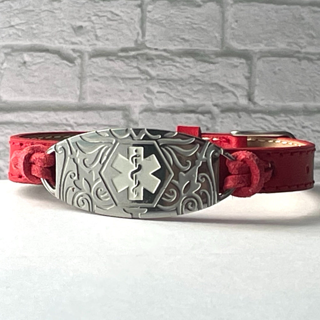 buyamedicalalert.com Cope Red Leather Medical Alert ID Bracelet - Personalised Identification Tags & Jewelry