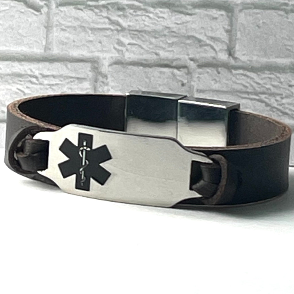 buyamedicalalert.com Cori Brown Leather Medical Alert ID Bracelet - Personalised Identification Tags & Jewelry
