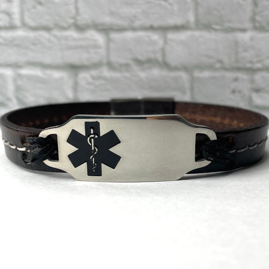 buyamedicalalert.com Curie Brown & Black Leather Medical Alert ID Bracelet - Personalised