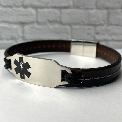 buyamedicalalert.com Curie Brown & Black Leather Medical Alert ID Bracelet - Personalised