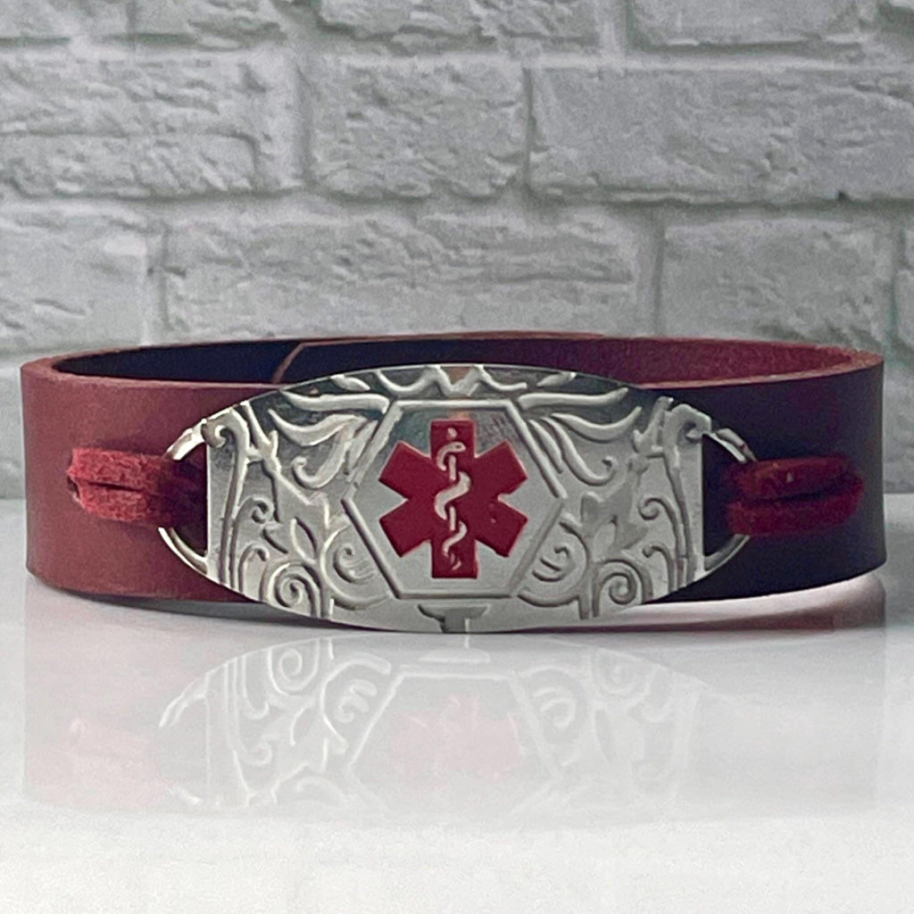 Dening Burgundy Genuine Leather Medical Alert ID Bracelet Free Personalised Engraving Custom Made to Fit, by Shelley @buyamedicalalert.com