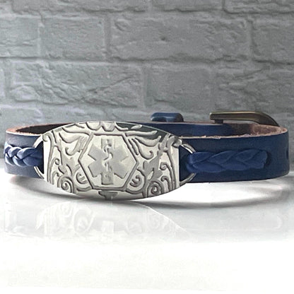 Elizabeth Blue Genuine Leather Medical Alert ID Bracelet With Free Personalised Engraving, Gift Box, Medical Cards by buyamedicalalert.com