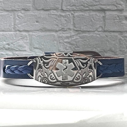 Elizabeth Blue Genuine Leather Medical Alert ID Bracelet With Free Personalised Engraving, Gift Box, Medical Cards by buyamedicalalert.com