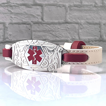 Elsie Red & White Leather Medical Alert ID Bracelet - Free Personalised Engraving, Gift Box, Medical Card by Shelley @buyamedicalalert.com