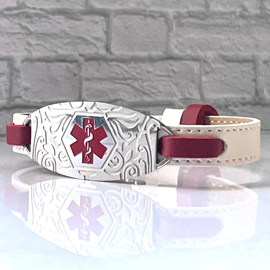 Elsie Red & White Leather Medical Alert ID Bracelet - Free Personalised Engraving, Gift Box, Medical Card by Shelley @buyamedicalalert.com