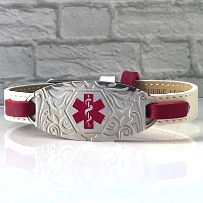 Elsie Red & White Leather Medical Alert ID Bracelet - Free Personalised Engraving, Gift Box, Medical Card by Shelley @buyamedicalalert.com