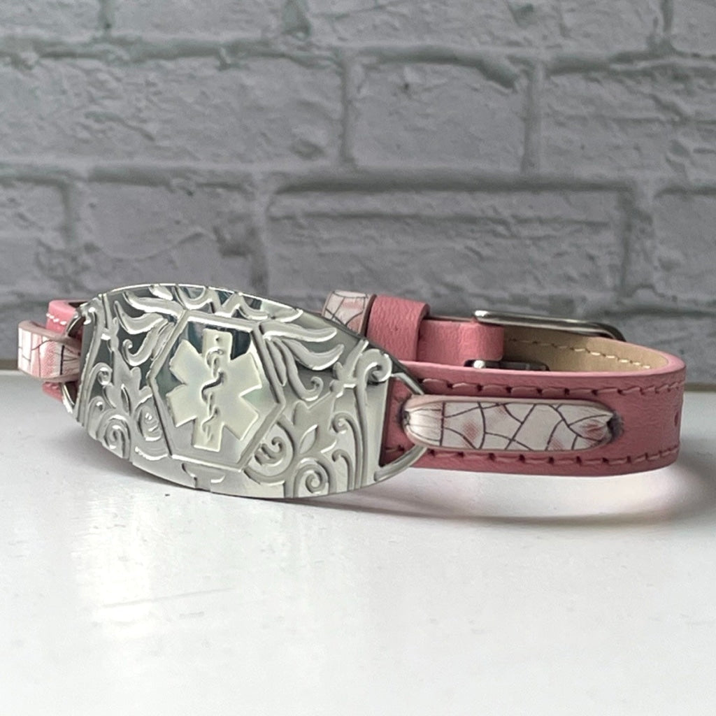 buyamedicalalert.com Emmie Pink Leather Medical Alert ID Bracelet - Personalised Identification Tags & Jewelry