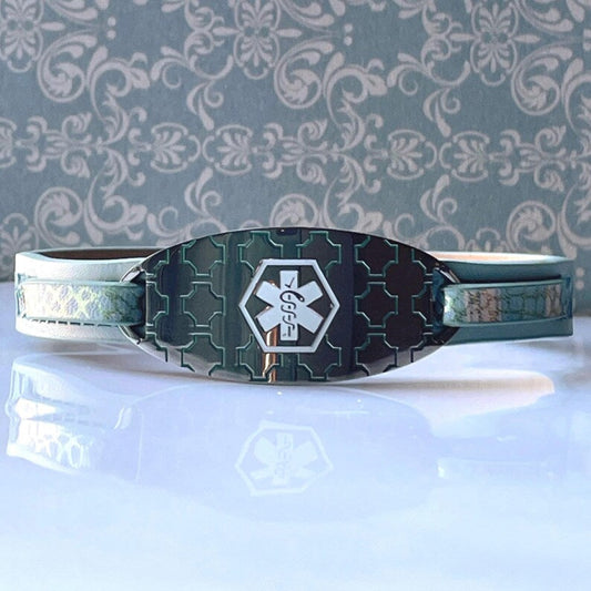 buyamedicalalert.com Era Green Leather Medical Alert ID Bracelet - Personalised Identification Tags & Jewelry
