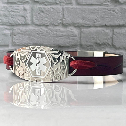 Eva Burgundy Leather Medical Alert ID Bracelet - Free Personalised Engraving, Gift Box Custom Made to Fit by Shelley @buyamedicalalert.com
