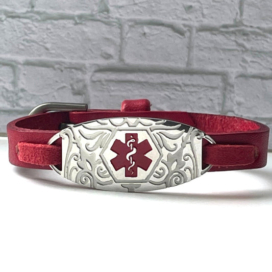 buyamedicalalert.com Florence Red Silver Leather Medical Alert ID Bracelet - Personalised Identification Tags & Jewelry