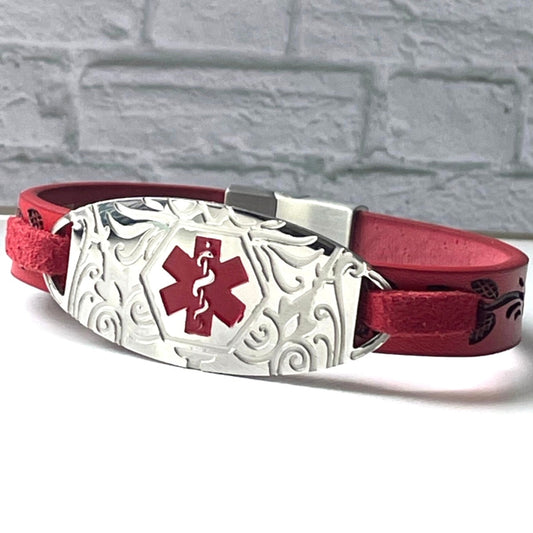 buyamedicalalert.com Forrest Red Leather Medical Alert ID Bracelet - Personalised Identification Tags & Jewelry