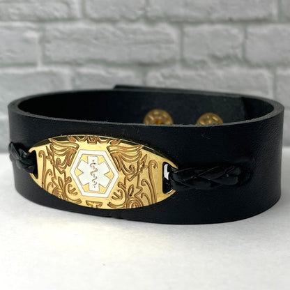 buyamedicalalert.com Francis Black Leather Medical Alert ID Bracelet - Personalised