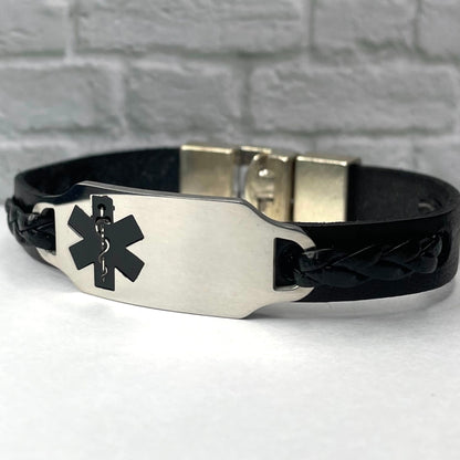 buyamedicalalert.com Galen Black Leather Medical Alert ID Bracelet - Personalised