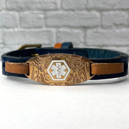 buyamedicalalert.com Halse Leather Medical Alert ID Bracelet in Navy & Tan - Personalised