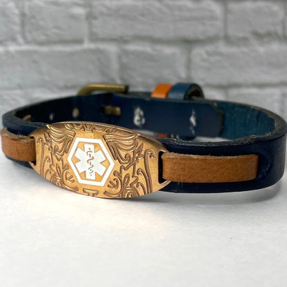 buyamedicalalert.com Halse Leather Medical Alert ID Bracelet in Navy & Tan - Personalised