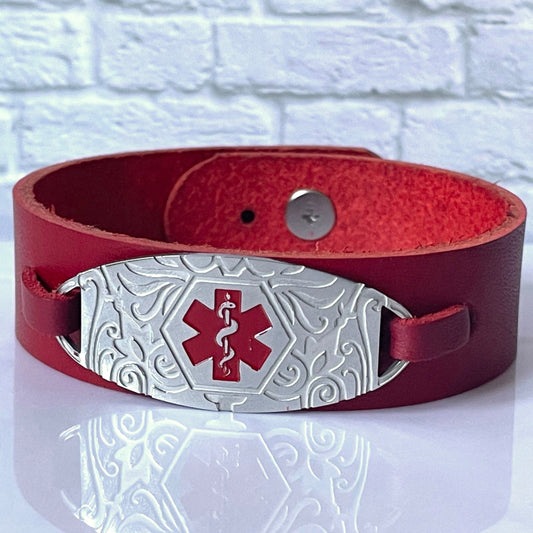 buyamedicalalert.com Hanson Red Genuine Leather Medical Alert ID Bracelet - Personalised Identification Tags & Jewelry