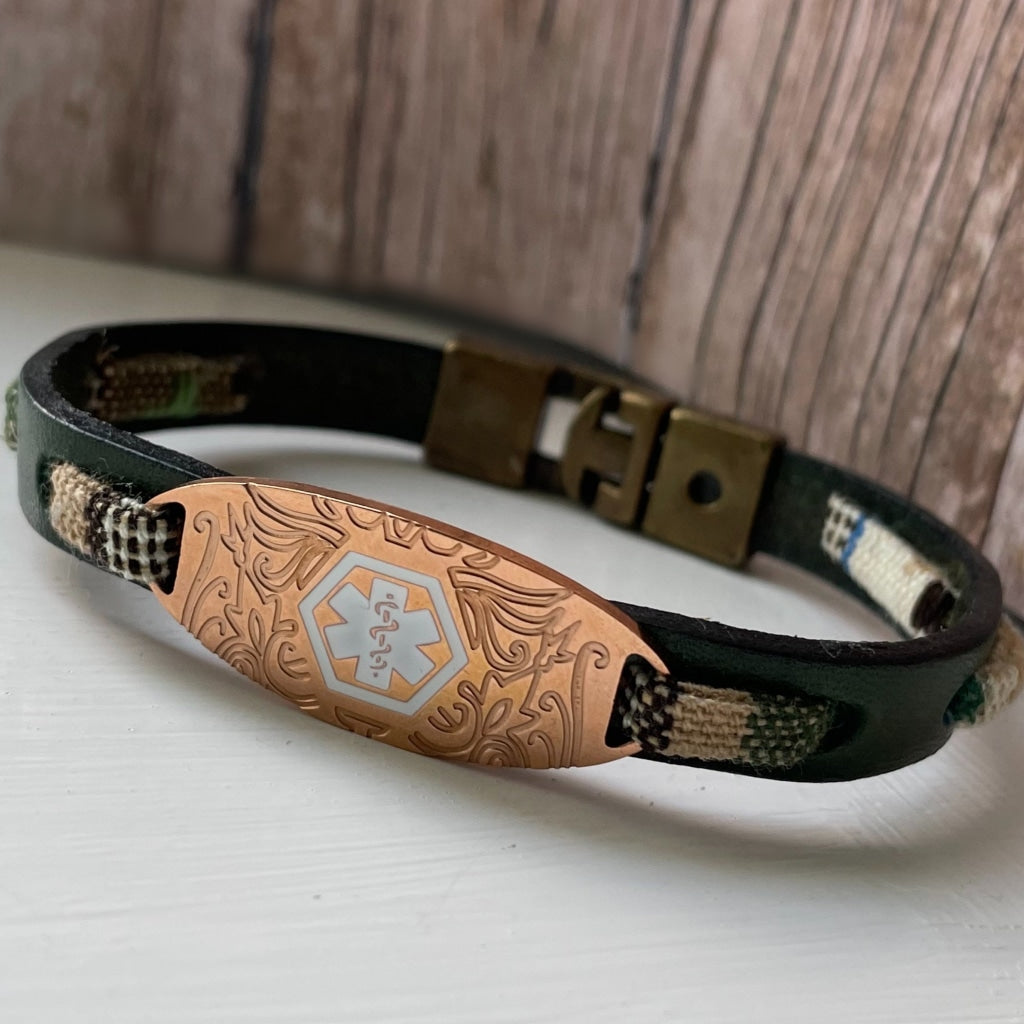 Hill Green Leather Medical Alert ID Bracelet Free Personalised Engraving, Custom Made to Fit with Gift Box by Shelley @buyamedicalalert.com