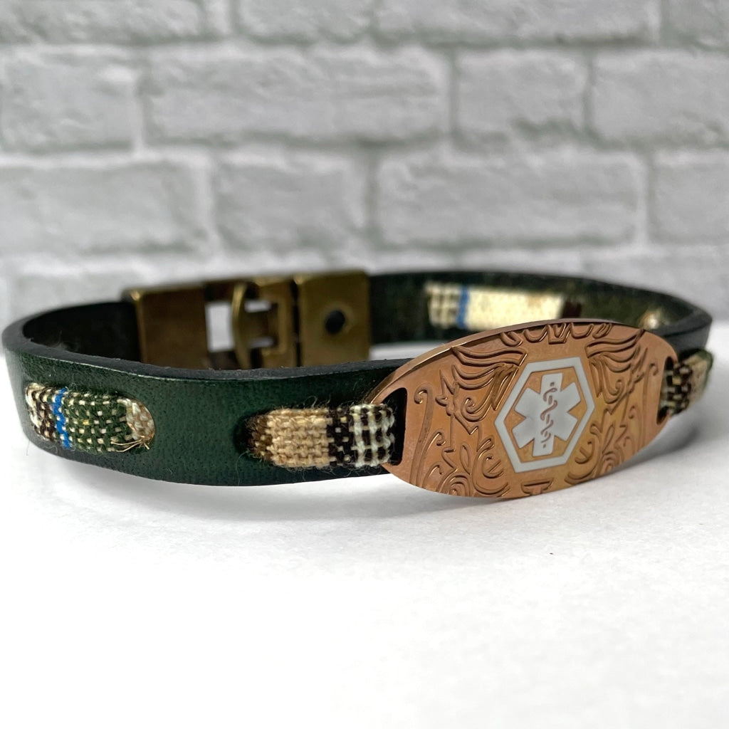 buyamedicalalert.com Hill Green Leather Medical Alert ID Bracelet - Personalised