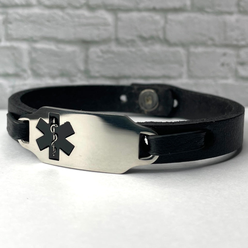 buyamedicalalert.com Lawler Black Leather Medical Alert ID Bracelet - Personalised