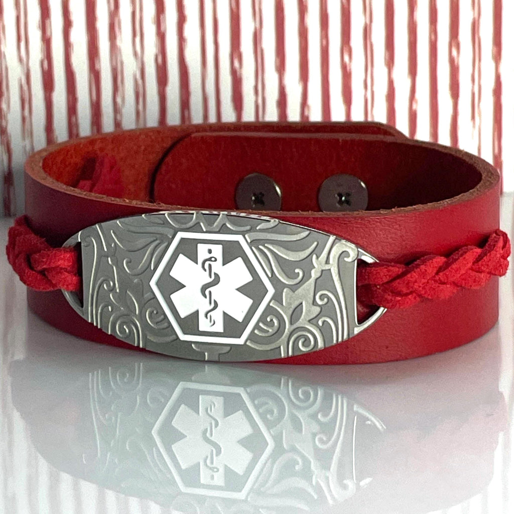 Lillias Red Genuine Leather Medical Alert ID Bracelet Free Personalised Engraving Custom Made Free Gift Box by Shelley @buyamedicalalert.com