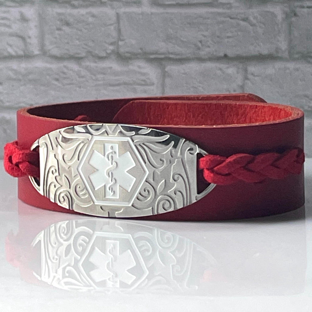 Lillias Red Genuine Leather Medical Alert ID Bracelet Free Personalised Engraving Custom Made Free Gift Box by Shelley @buyamedicalalert.com