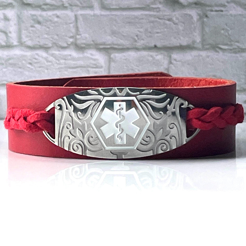 Lillias Red Genuine Leather Medical Alert ID Bracelet Free Personalised Engraving Custom Made Free Gift Box by Shelley @buyamedicalalert.com