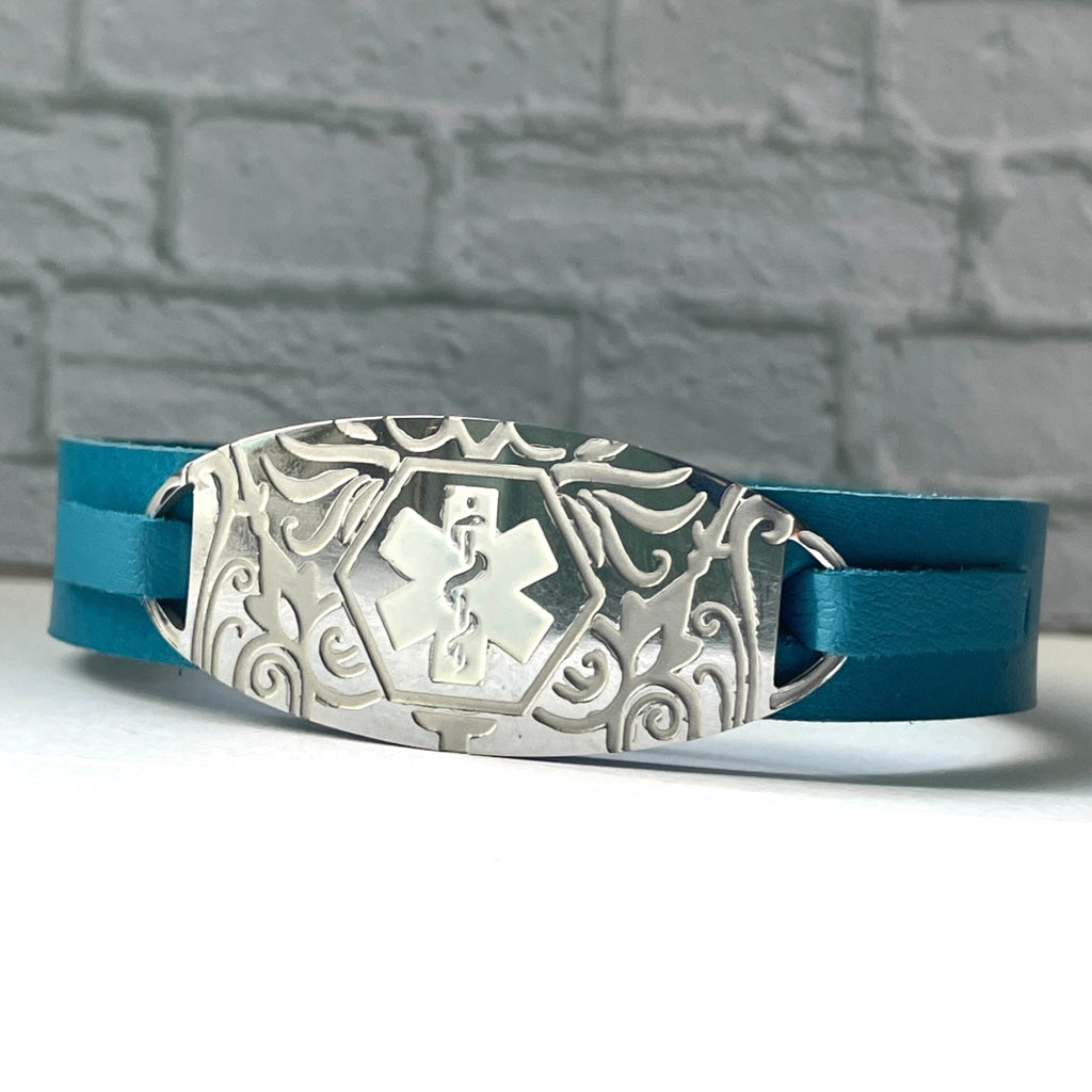 buyamedicalalert.com Lister Blue Leather Medical Alert ID Bracelet - Personalised Identification Tags & Jewelry