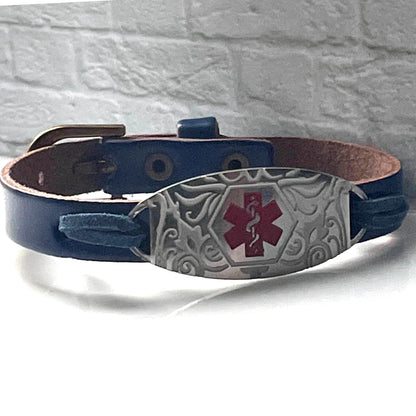 Madeleine Blue Genuine Leather Medical Alert ID Bracelet With Free Personalised Engraving, Gift Box, Medical Cards by buyamedicalalert.com