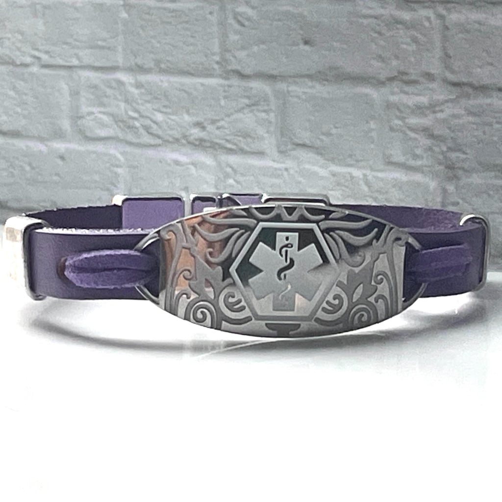 Milo Purple Leather Medical Alert ID Bracelet Free Personalised Engraving Custom Made to Fit, Free Gift Box by Shelley @buyamedicalalert.com