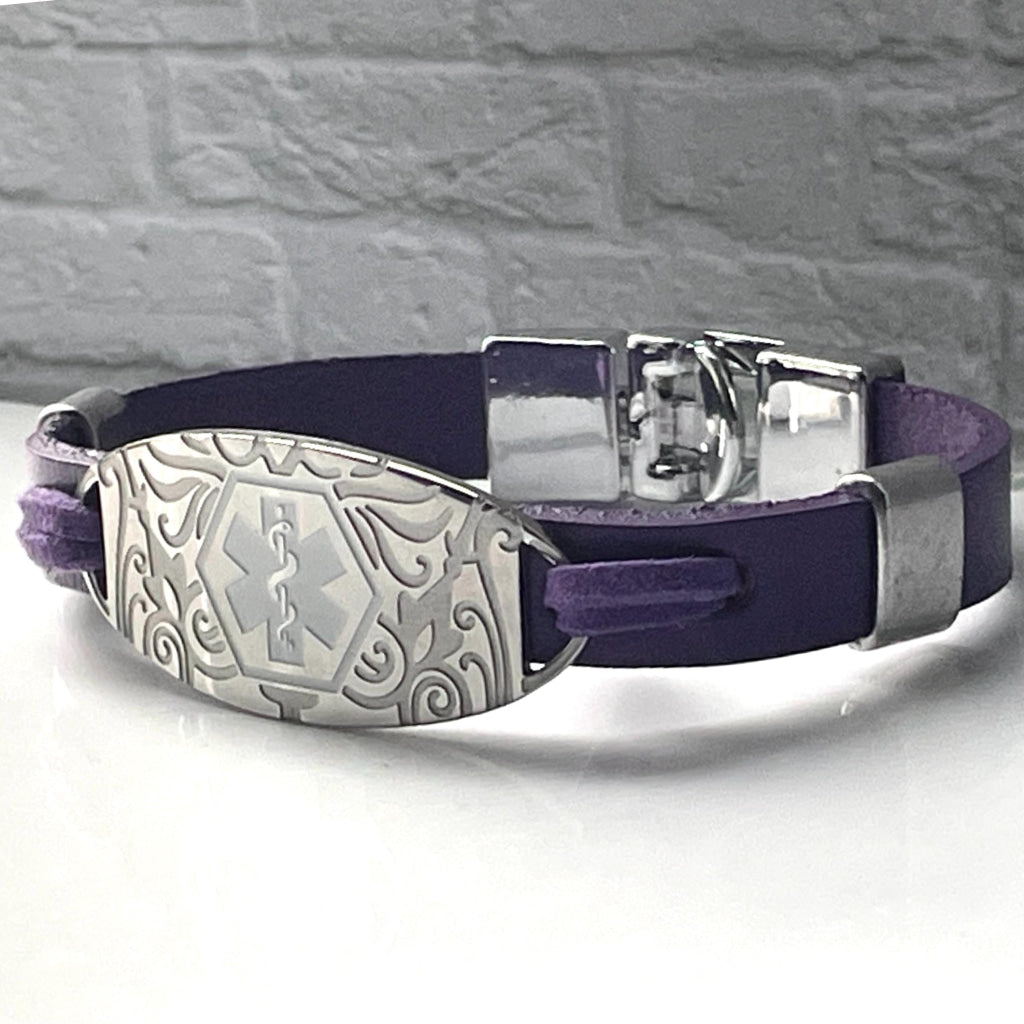 Milo Purple Leather Medical Alert ID Bracelet Free Personalised Engraving Custom Made to Fit, Free Gift Box by Shelley @buyamedicalalert.com