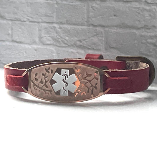 Molly Red & Rose Gold Genuine Leather Medical Alert ID Bracelet With Free Personalised Engraving Gift Box by Shelley @buyamedicalalert.com