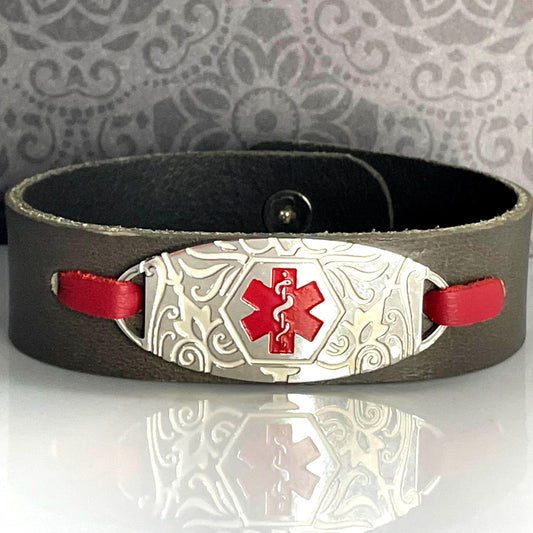 Mona Red & Grey Genuine Leather Medical Alert ID Bracelet Free Personalised Engraving Custom Made to Fit by Shelley @buyamedicalalert.com