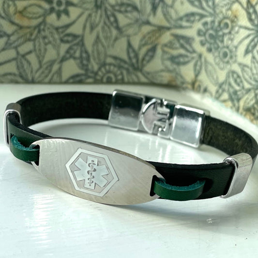 Owen Green Leather Medical Alert ID Bracelet Free Personalised Engraving Custom Made to Fit All Sizes by Shelley at buyamedicalalert.com