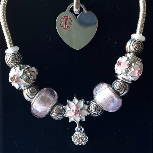 Pink Petal Bracelet with Detachable Medical Alert Heart ID Charm Christmas 2024 Limited Edition by Shelley @buyamedicalert.com