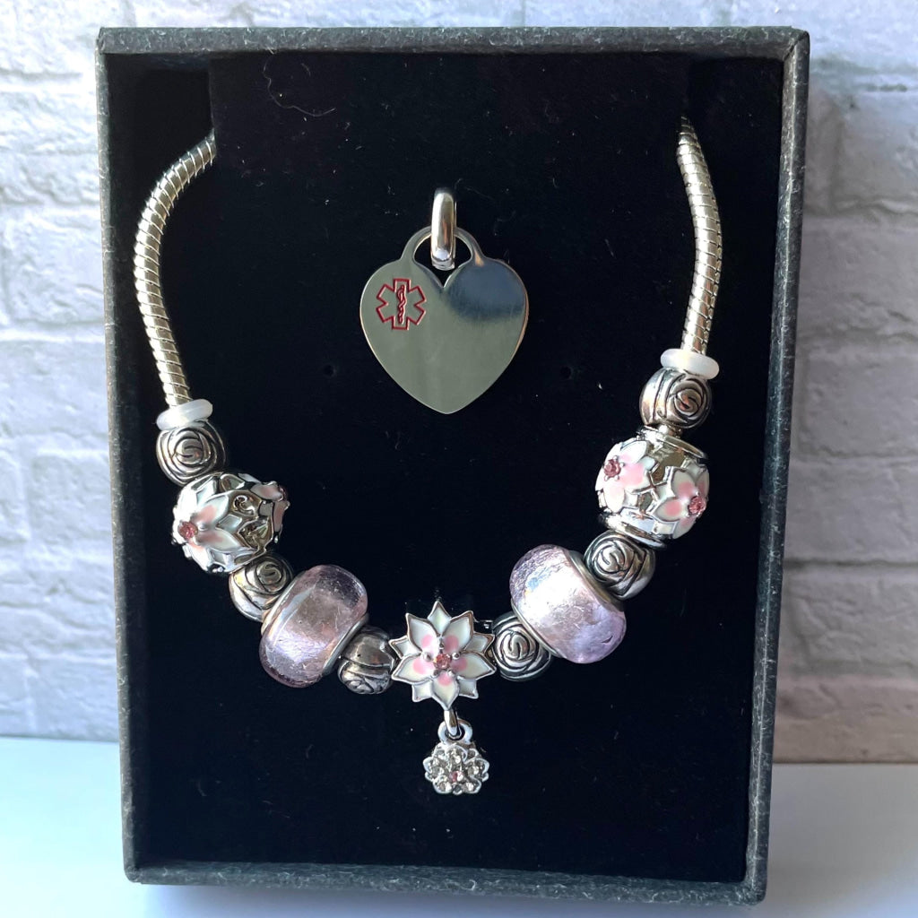 Pink Petal Bracelet with Detachable Medical Alert Heart ID Charm Christmas 2024 Limited Edition by Shelley @buyamedicalert.com