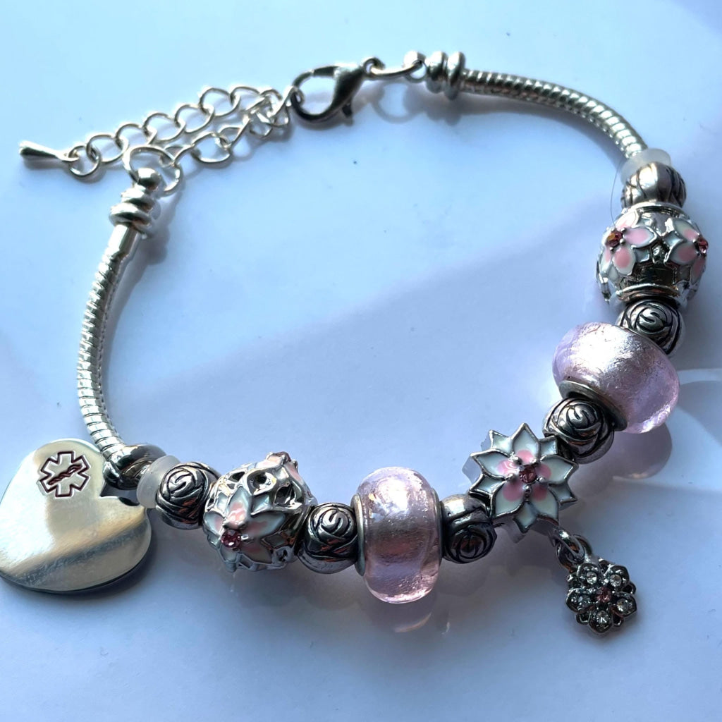 Pink Petal Bracelet with Detachable Medical Alert Heart ID Charm Christmas 2024 Limited Edition by Shelley @buyamedicalert.com