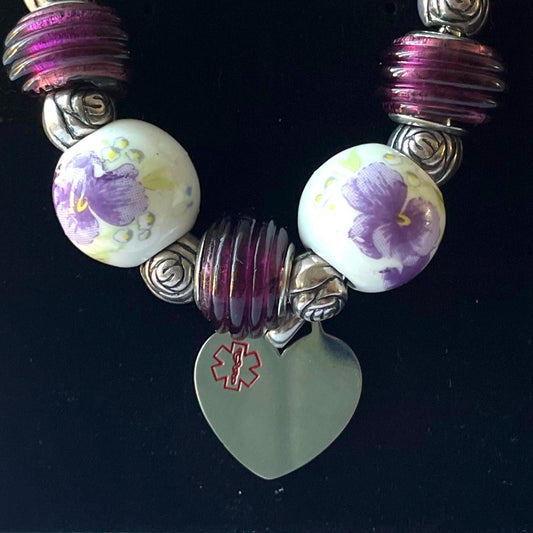 Purple Petal Bracelet with Detachable Medical Alert Heart ID Charm Christmas 2024 Limited Edition by Shelley @buyamedicalert.com