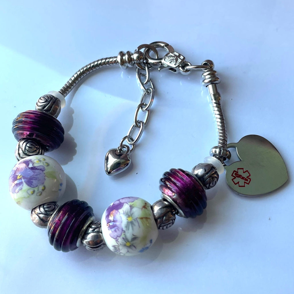 Purple Petal Bracelet with Detachable Medical Alert Heart ID Charm Christmas 2024 Limited Edition by Shelley @buyamedicalert.com