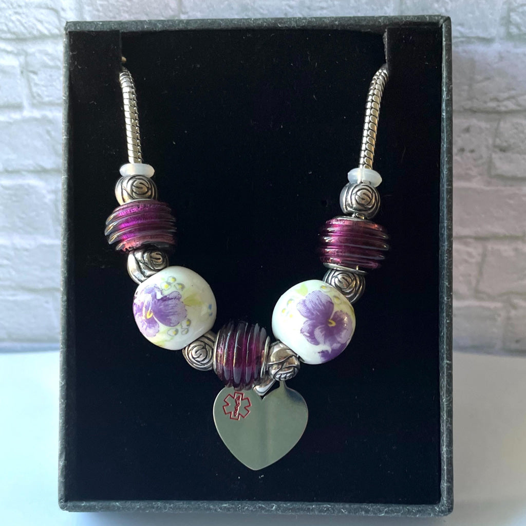 Purple Petal Bracelet with Detachable Medical Alert Heart ID Charm Christmas 2024 Limited Edition by Shelley @buyamedicalert.com