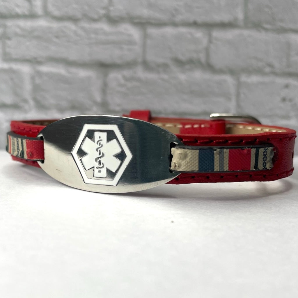 buyamedicalalert.com Russell Red Stripe Leather Medical Alert ID Bracelet - Personalised