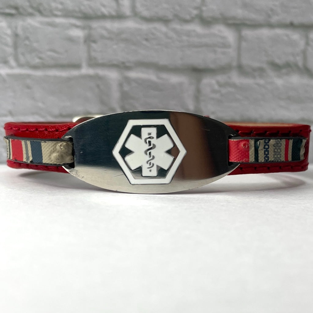 buyamedicalalert.com Russell Red Stripe Leather Medical Alert ID Bracelet - Personalised