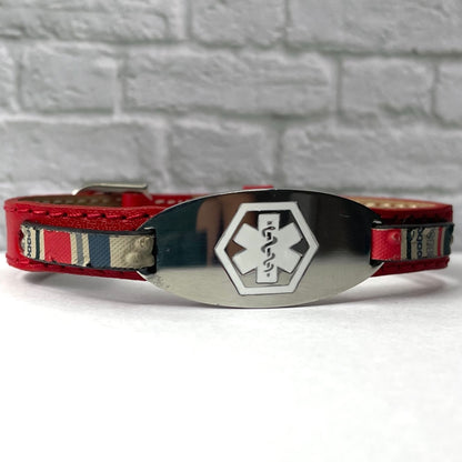 buyamedicalalert.com Russell Red Stripe Leather Medical Alert ID Bracelet - Personalised