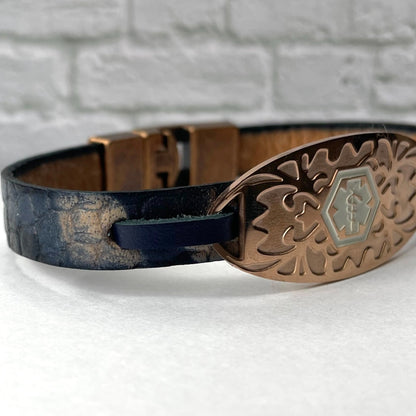 buyamedicalalert.com Seacole Blue Leather Rose Gold Medical Alert ID Bracelet - Personalised