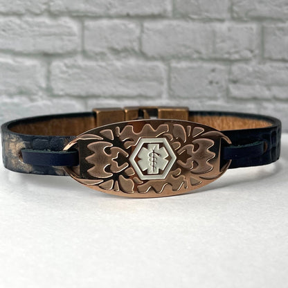 buyamedicalalert.com Seacole Blue Leather Rose Gold Medical Alert ID Bracelet - Personalised