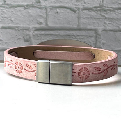 Sherlock Pink Leather Medical Alert ID Bracelet Free Personalised Engraving Custom Made to Fit, by Shelley @buyamedicalalert.com