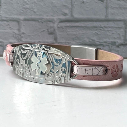 Sherlock Pink Leather Medical Alert ID Bracelet Free Personalised Engraving Custom Made to Fit, by Shelley @buyamedicalalert.com