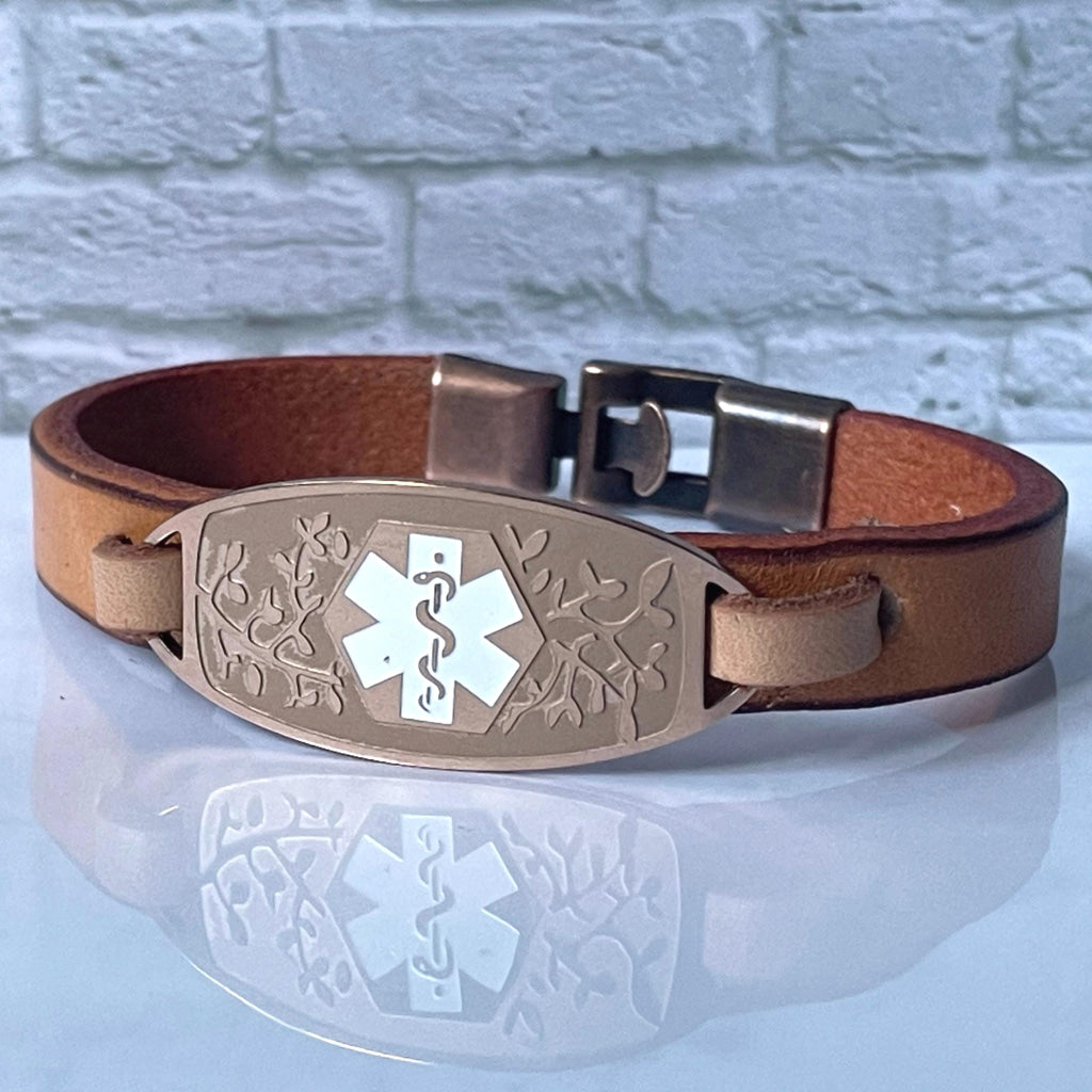 Spencer Tan & Rose Gold Genuine Leather Medical Alert ID Bracelet Free Personalised Engraving Custom Made by Shelley @buyamedicalalert.com